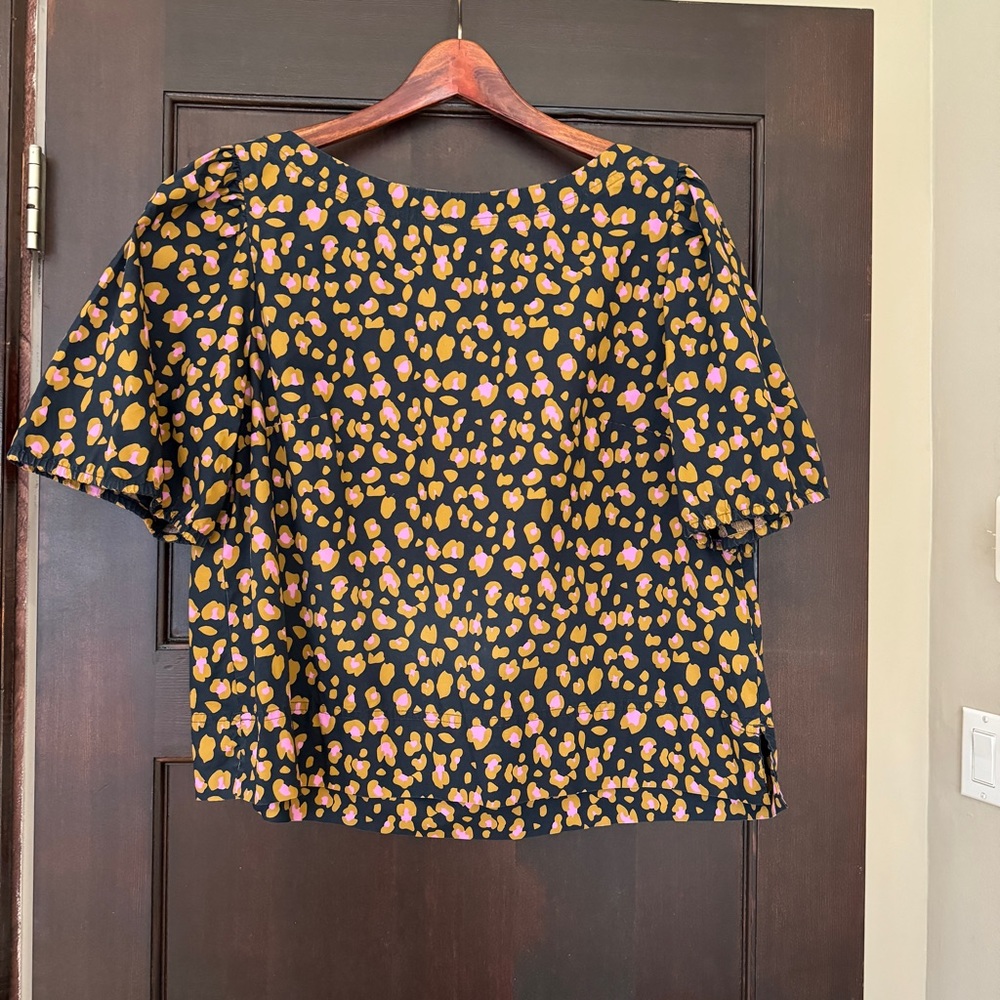 J. Crew Black and Yellow Blouse with Pink Accents